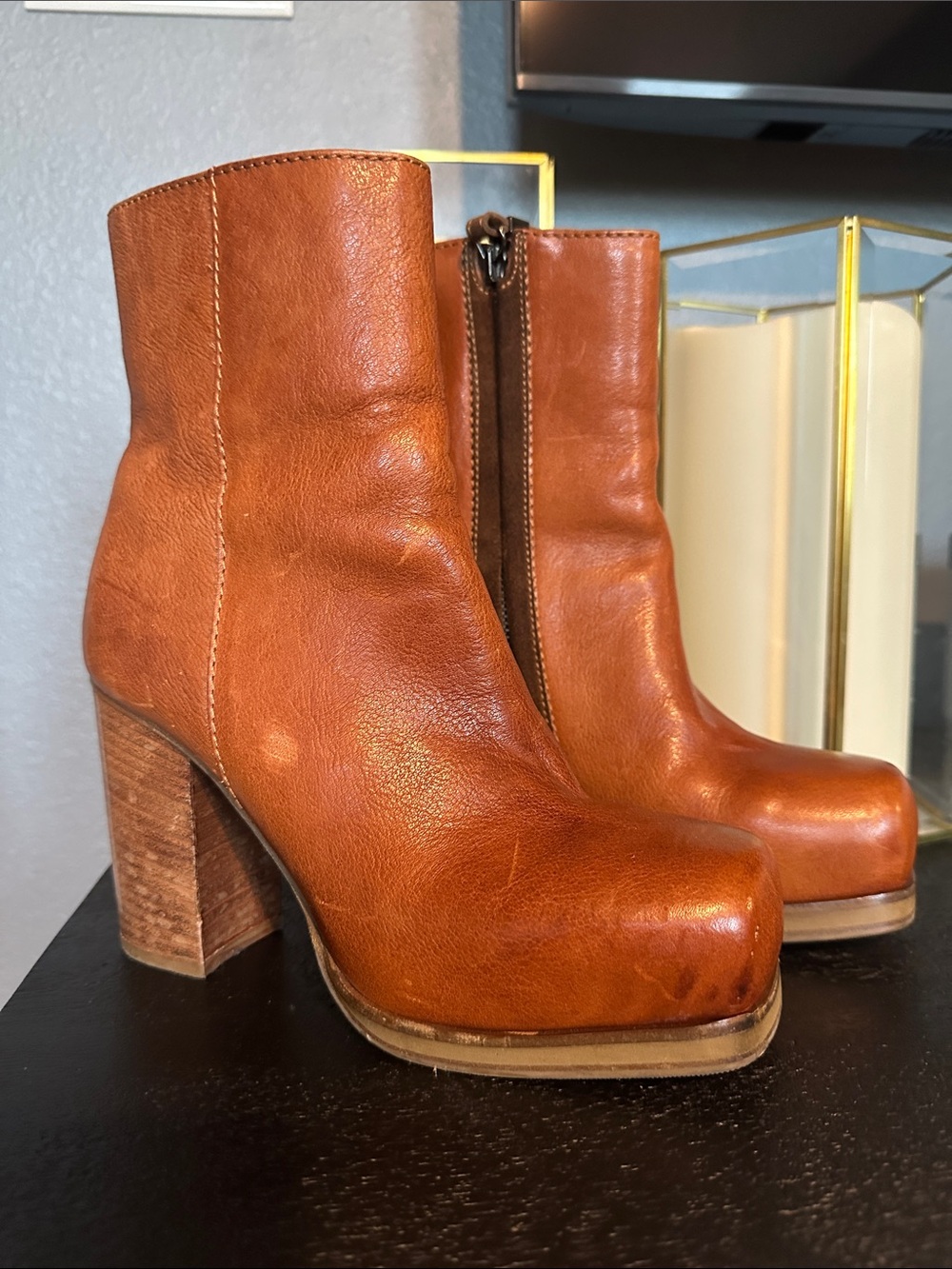 Acne Cognac Leather Platform Ankle Boots